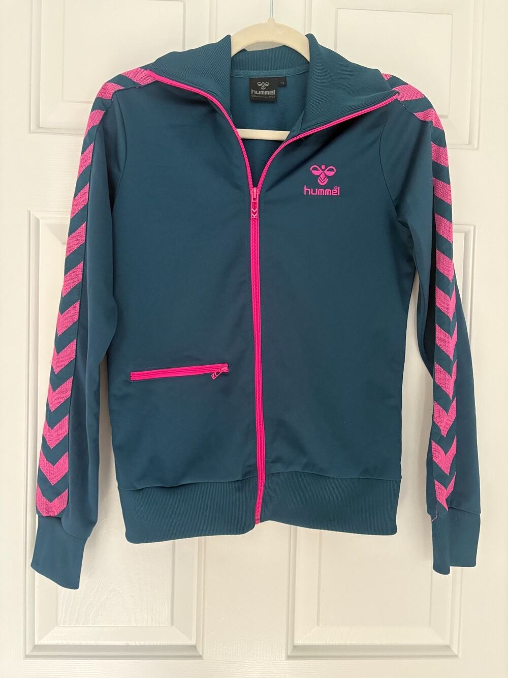 Hummel Women's Track Jacket Full Zip Teal Pink Chevron Logo Athletic XS 00-2